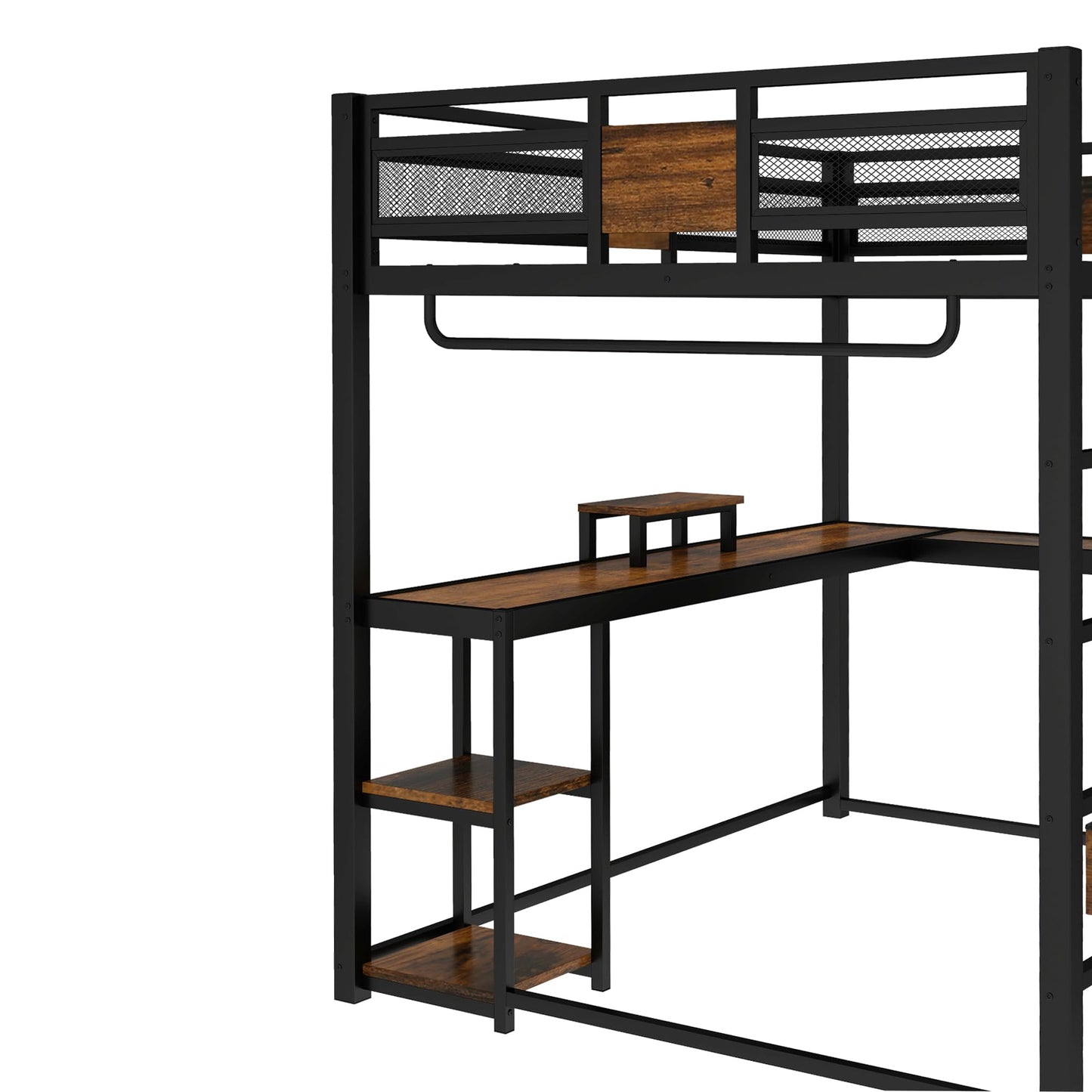 Bellemave Metal Queen Size Loft Bed with Desk and Non-Woven Fabric Drawers,Heavy Duty Loft Bed Frame with Clothes Rack and Storage Shelves for Kids,Teens,Adults, Space Saving,Black