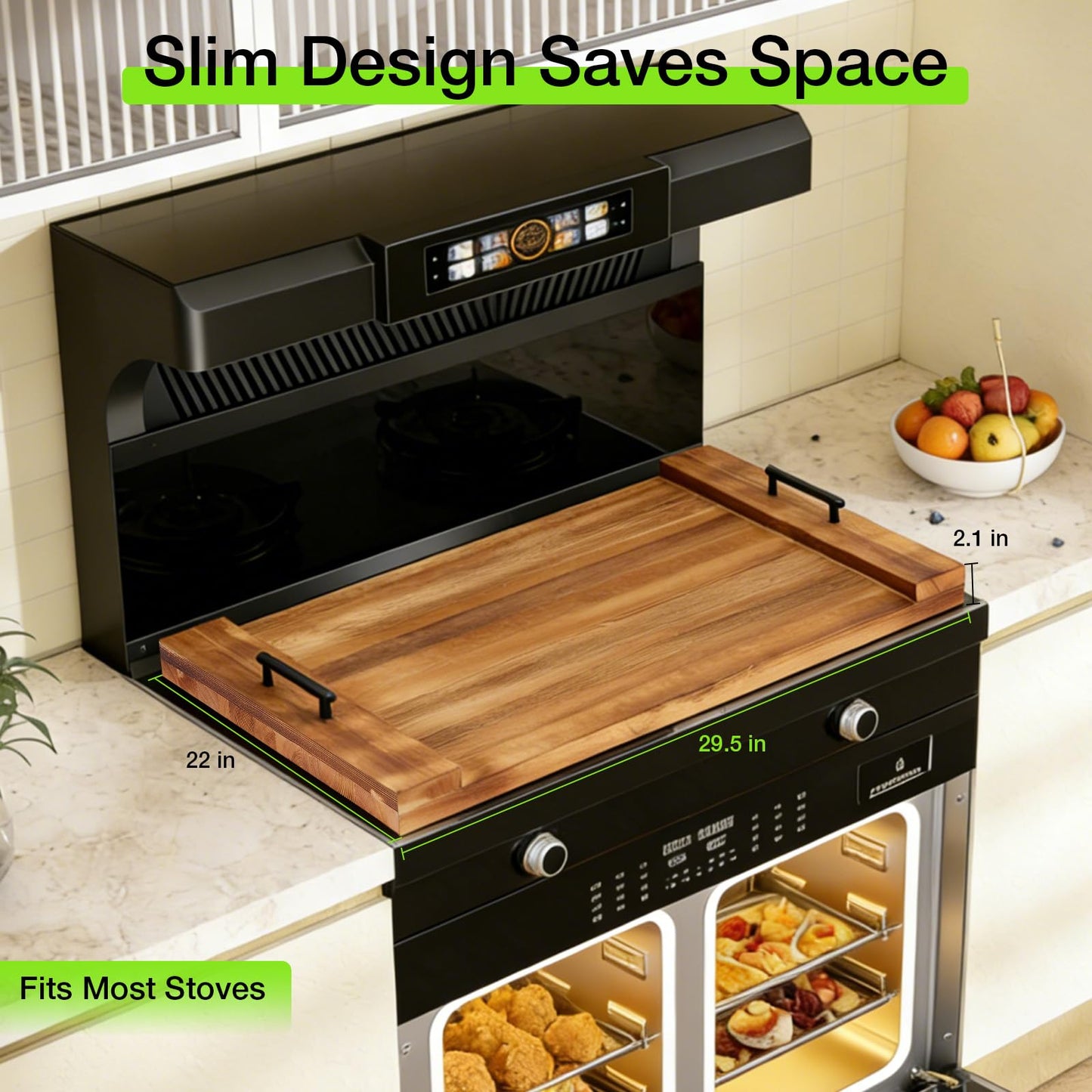 Noodle Board Stove Cover with Handles, 30 X 22 X 2.1" Wooden Stove Top Cover, Multifunctional Stove Cover for Electric&Gas Stove Top (Brown)