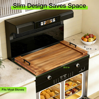 Noodle Board Stove Cover with Handles, 30 X 22 X 2.1" Wooden Stove Top Cover, Multifunctional Stove Cover for Electric&Gas Stove Top (Brown)