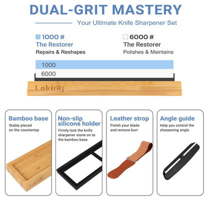 Leking Professional Knife Sharpener & Sharpening Stone Set: 1000/6000 Grit Dual-Sided Whetstone(7"x2.4"x1.2") with Bamboo Base, Non-Slip Silicone Holder, Angle Guide & Leather Strop Kit