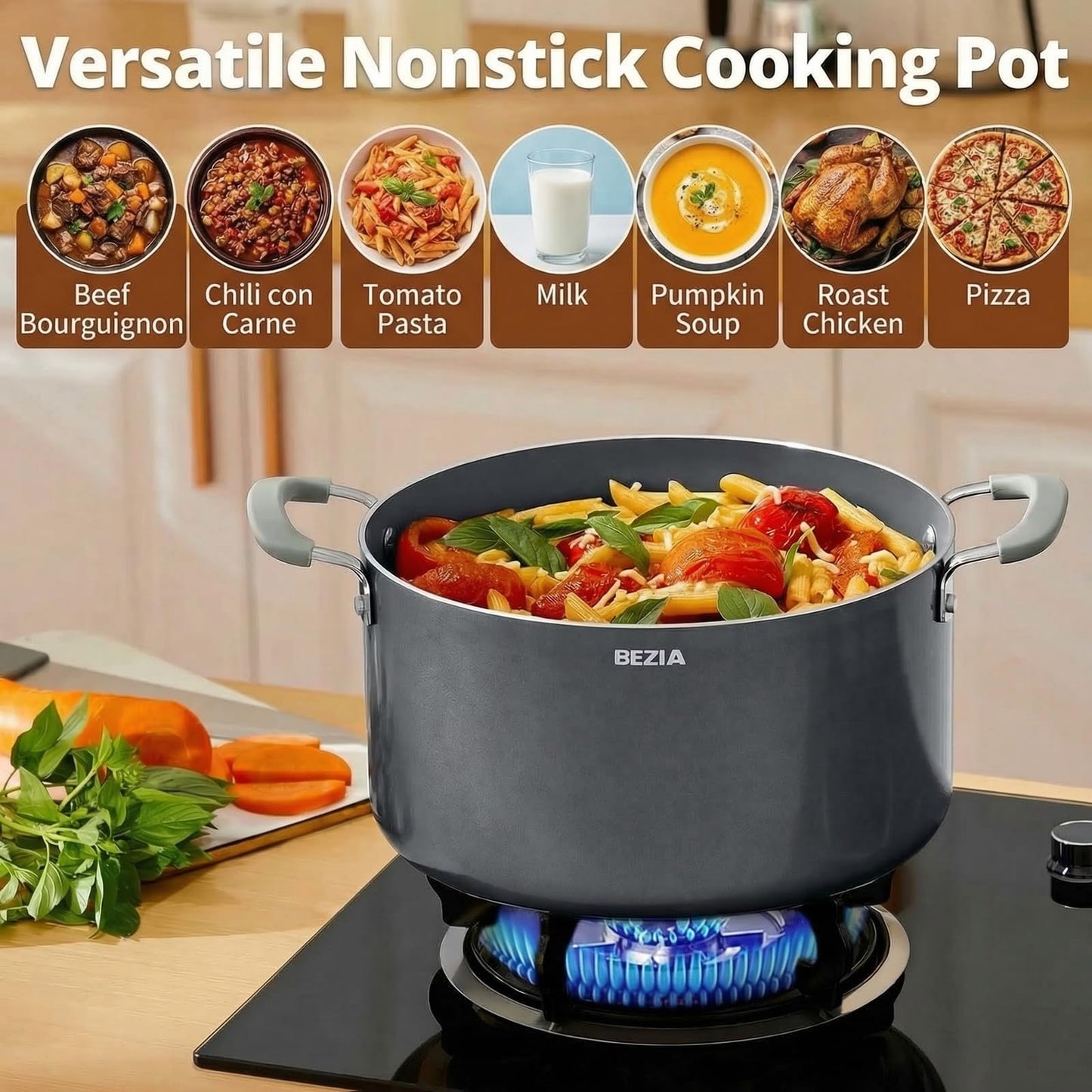 8 Quart Nonstick Stock Pot with Lid - BEZIA Ceramic Large Soup Pot for Family Cooking, Induction Ready, Stay-Cool Silicone Handles, Easy Cleanup, Perfect for Stews, Pasta & Batch Cooking