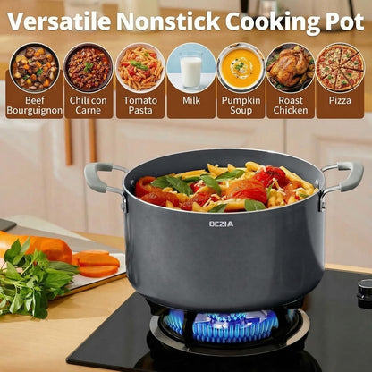 6 Quart Nonstick Stock Pot with Lid - BEZIA Ceramic Soup Pot for Small Families, Induction Cooking Pot with Stay-Cool Silicone Handles, Easy Cleanup, Perfect for Side Dishes, Daily Meals & Camping