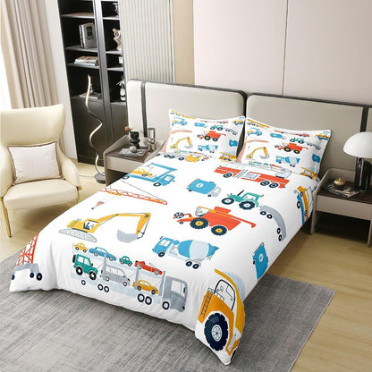 Cartoon Cars 100% Cotton Duvet Cover Queen, Colorful Building Machine Comforter Cover for Kids Boys Girls, Red Blue