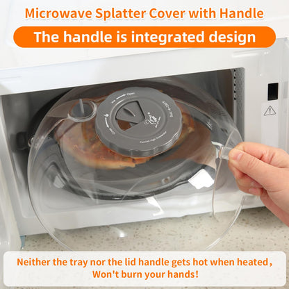 Microwave Splatter Cover Lid for Food 10.2 Inch with Water Steamer, Clear Microwave Splash Guard Cooker Lid with Plate, Dish Bowl Plate Serving Cover Cookware High Transparent Plastic Grey
