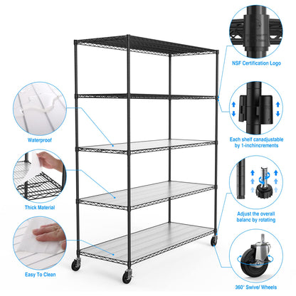 5 Tier 7500lbs Capacity NSF Metal Shelf Wire Shelving Unit, Heavy Duty Adjustable Storage Rack with Wheels & Shelf Liners for Commercial Grade Utility Steel Storage Rack, Black - 82"H x 60"L x 24"D