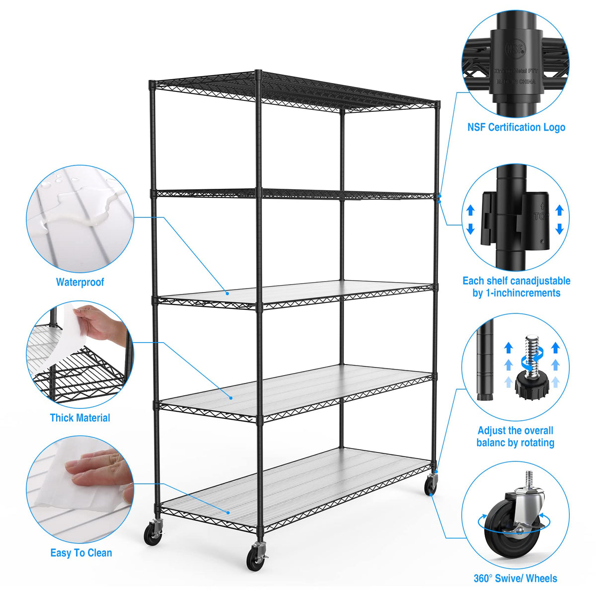 pouseayar Heavy Duty Metal 5 Tier Shelf Wire Shelving Unit, 7500lbs Capacity NSF Adjustable Storage Rack with Wheels & Shelf Liners for Commercial Grade Utility Steel Storage Rack Home Office Black