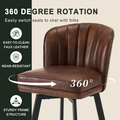SAECKBERG Swivel Counter Height Bar Stools Set of 3, 26'' Modern Barstools with Backs and Metal Legs, Upholstered Bar Chairs, Faux Leather Brown Stools for Kitchen Island Chairs