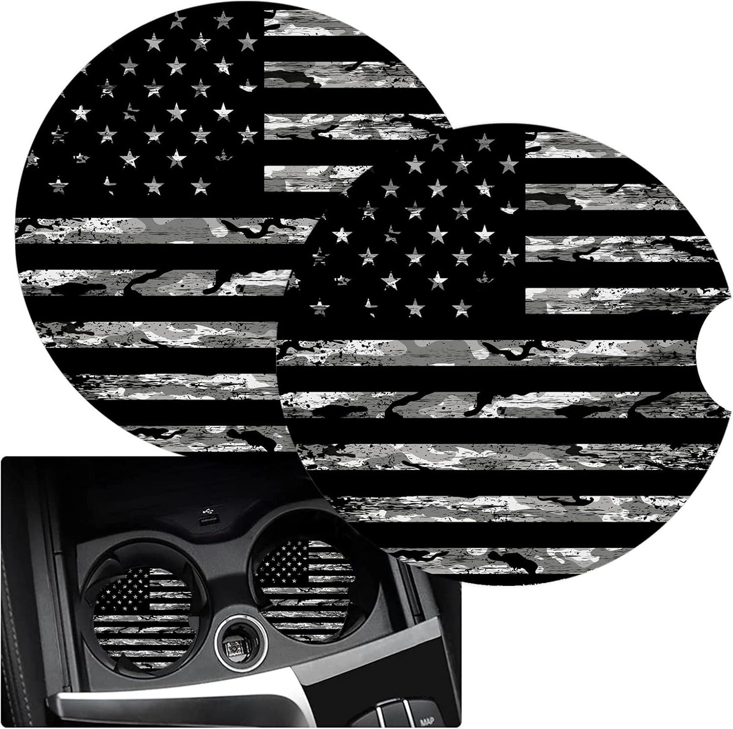 Cup Holders Car Coasters for Women/Men, 2 Pack Absorbent Ceramic Stone Drinks Coaster Set, Camo US Flag
