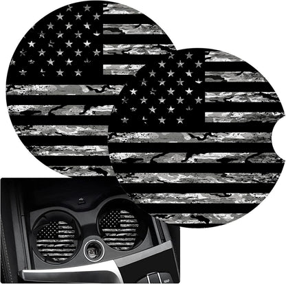 Cup Holders Car Coasters for Women/Men, 2 Pack Absorbent Ceramic Stone Drinks Coaster Set, Camo US Flag