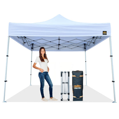 Compact Shelter - 10x10 Heavy Duty Pop Up Canopy - Easy Setup, Commercial Grade Aluminum Frame, 42” Folded Frame Height, UPF 50+, Portable Tent for Beach, Events, Camping, Roller Bag (White)