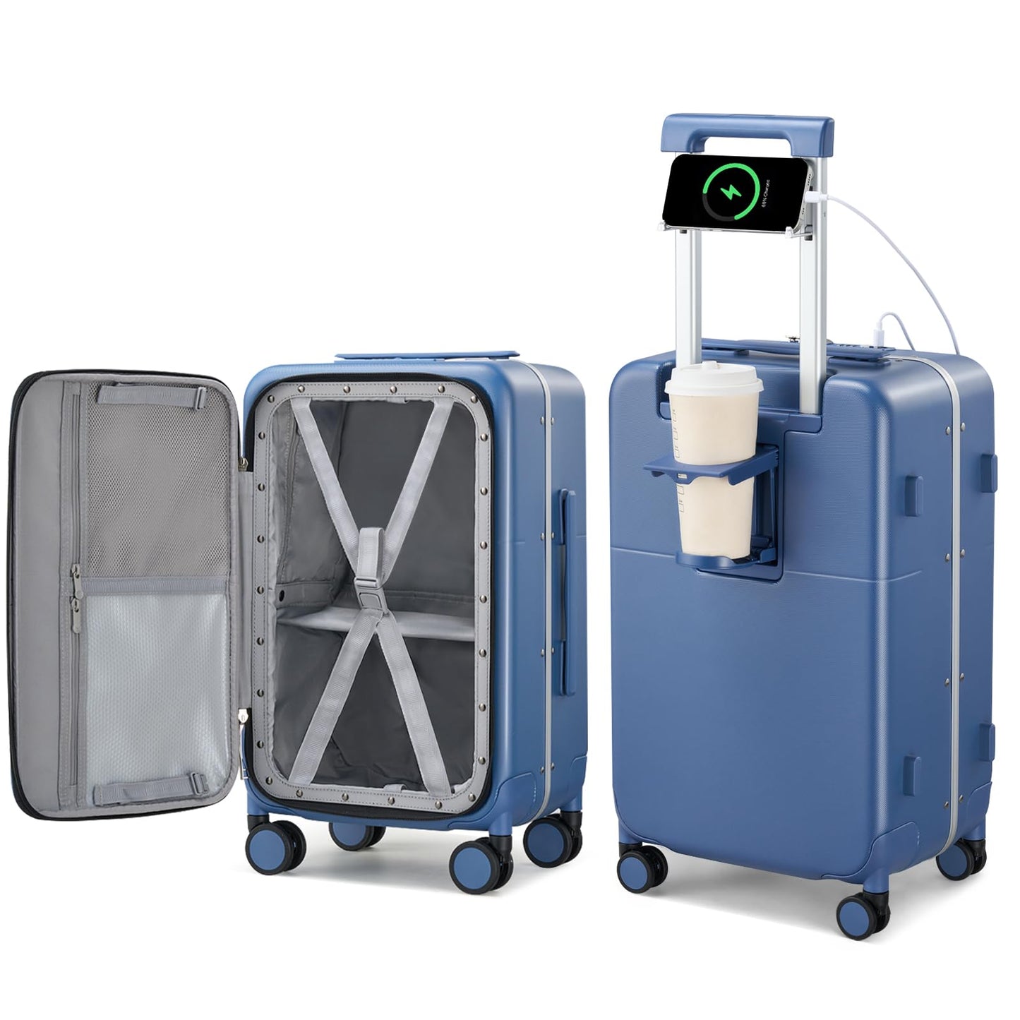Hanke 24 Inch Checked Luggage with Cup Holder and USB Ports,Top Opening Hard Shell Suitcase with Wheels,Aluminum Frame Trunk Luggage with Foldable Dividers & TSA Lock for Travel, Interstellar Blue