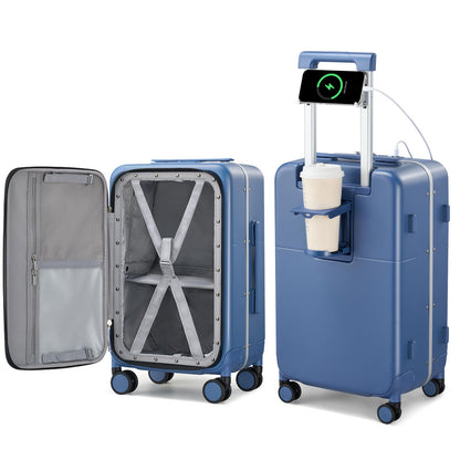 Hanke 24 Inch Checked Luggage with Cup Holder and USB Ports,Top Opening Hard Shell Suitcase with Wheels,Aluminum Frame Trunk Luggage with Foldable Dividers & TSA Lock for Travel, Interstellar Blue