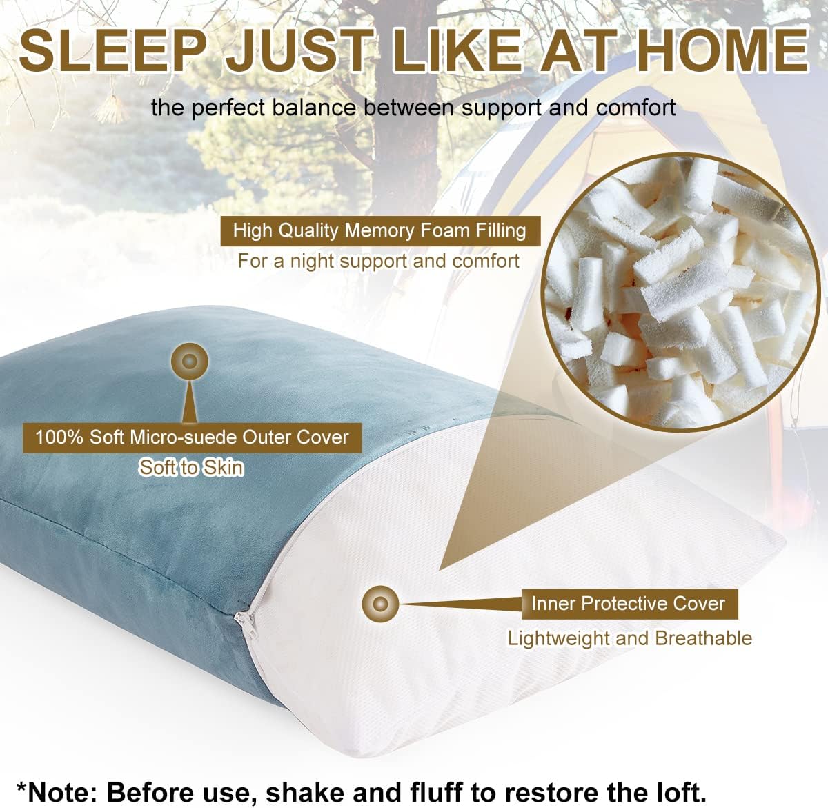 Ivellow Compressible Memory Foam Travel Pillow - Shredded Firm Supportive Camping Pillow for Adults Kids, Blue-M