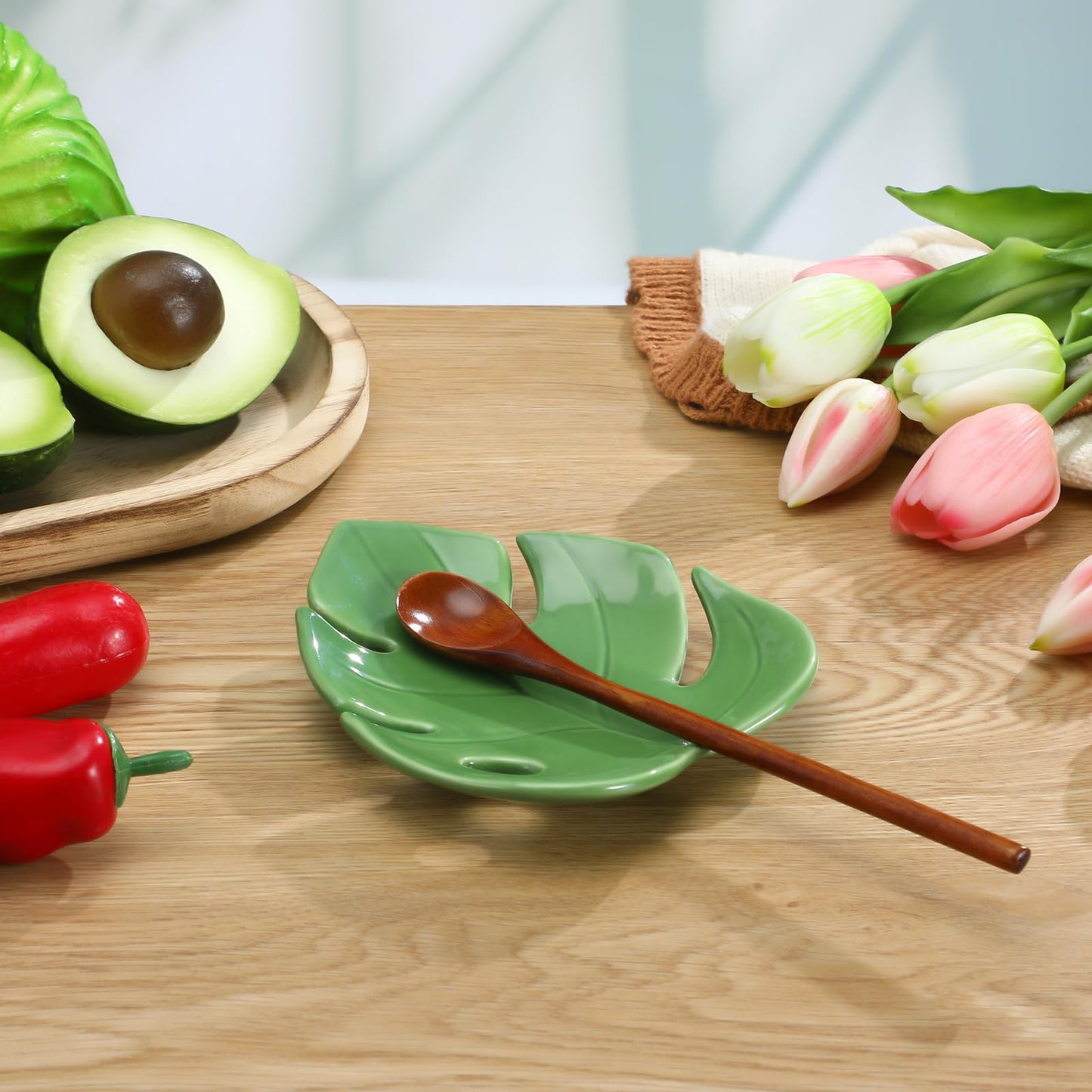 Honeydak Ceramic Spoon Rest for Kitchen Counter Monstera Leaf Shaped Tray Decorative Spoon Rest Tea Bag Dish Tea Light Holder