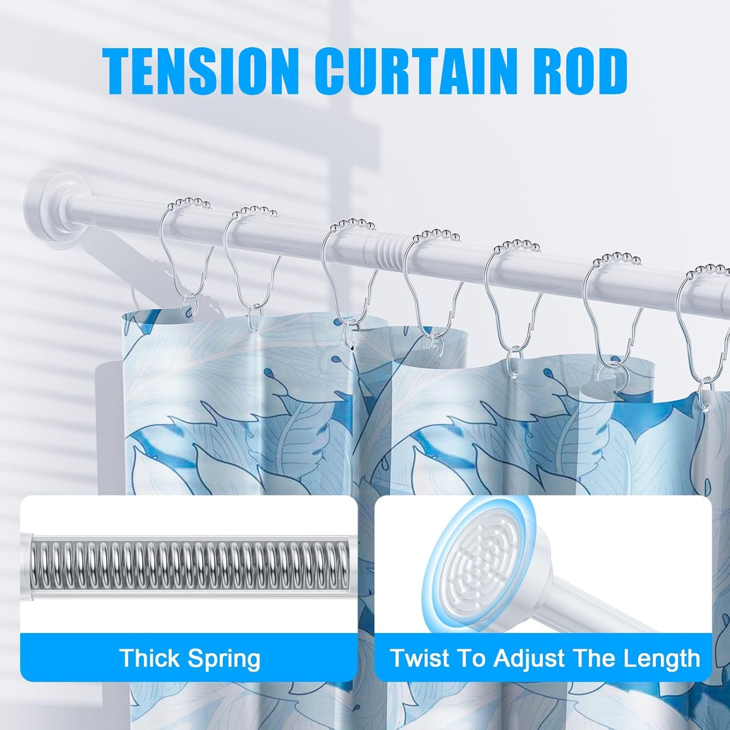 TEECK Adjustable Spring Tension Shower Curtain Rod, 27-76 inch, Never Rust Anti-Slip for Bathroom, Easy to Use, White