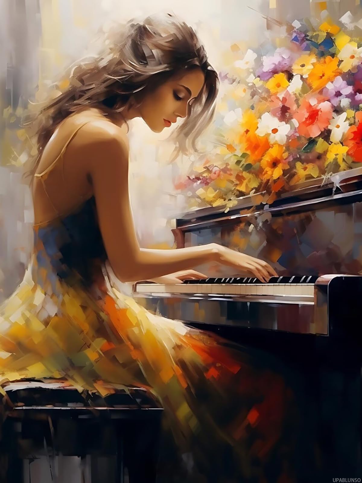Woman Playing Piano with Flowers Diamond Painting, Aesthetic Piano Diamond Painting Kits, 5D DIY Diamond Painting Kits for Adults Diamond Art, for Room Home Wall Decor Gift 12x16 inch