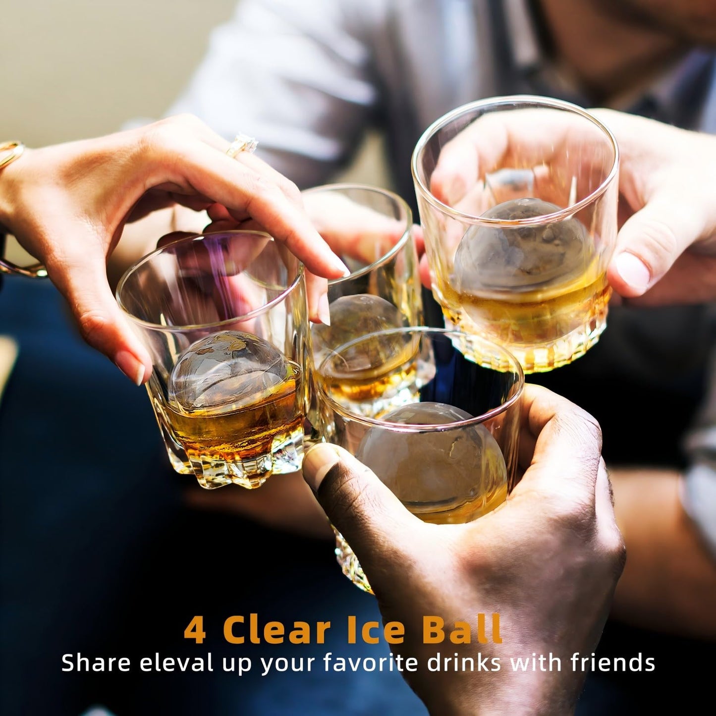 PushGoGo Clear Ice Ball Maker,Four Large 2.4" Crystal Clear Ice Balls for Whiskey, Cocktails, Bourbon,4-Cavity BPA-Free Silicone Easy Remove Ice Sphere Molds with Storage Bag,Stamp