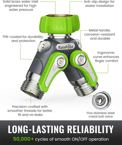 RAINPOINT 2-Way Garden Hose Splitter - Heavy Duty Metal Body with Shutoff Valves | 1.9" Long Handle, Green