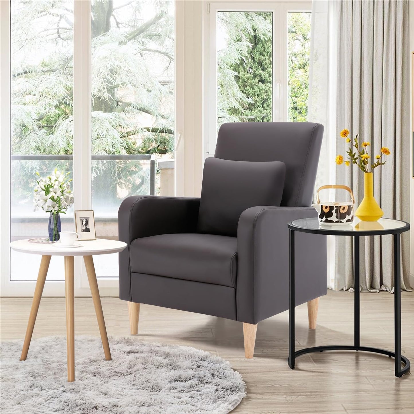 COLAMY Modern Accent Living Room Chairs Set of 2, Upholstered PU Leather Armchair Reading Side Chair, Single Sofa with Back Pillow and Wood Legs, Brown