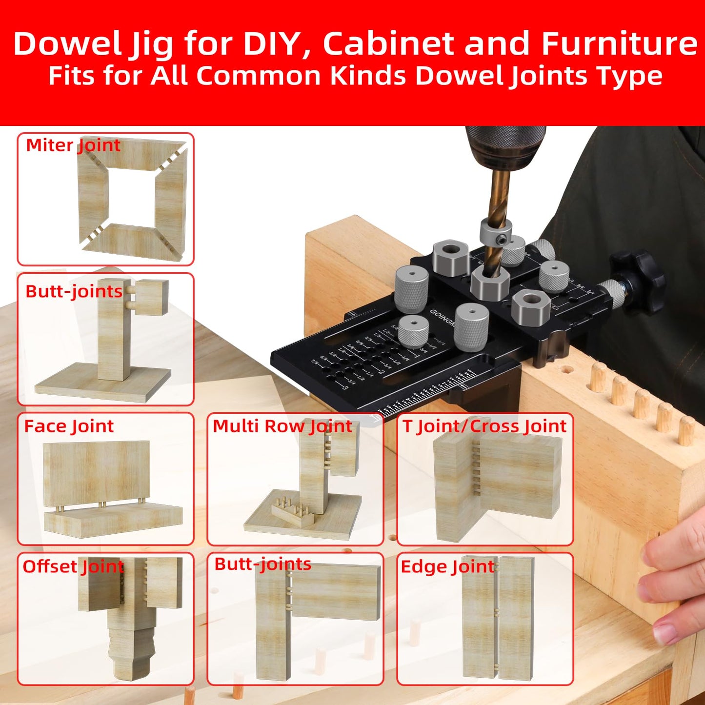 GOINGMAKE Dowel Jig Kit with Quick Positive Stop and Clamp, Adjustable Doweling Jig for Drill 1/4, 3/8 and 1/2 Inch Accurate Straight Dowel Holes, Fit Any Thickness Wood Joints, for Cabinet, Furniture