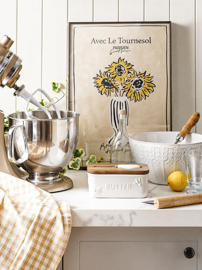 LE TAUCI Butter Dish with Lid for Countertop, Ceramic Butter Container, Embossed Butter Keeper with Acacia Wood lid, Knife, and Airtight Cover, Farmhouse Decor - Set of 1, Arctic White, Bee Pattern