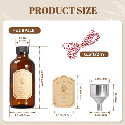 Jarsoph 4oz Amber Glass Bottles 8 PCS - Brown Boston Round Glass Bottles for Homemade Vanilla Extract, Essential Oils, Herbal Medicine, DIY Crafting - UV Protective 8 Pack Bottles for Syrup, Sauce
