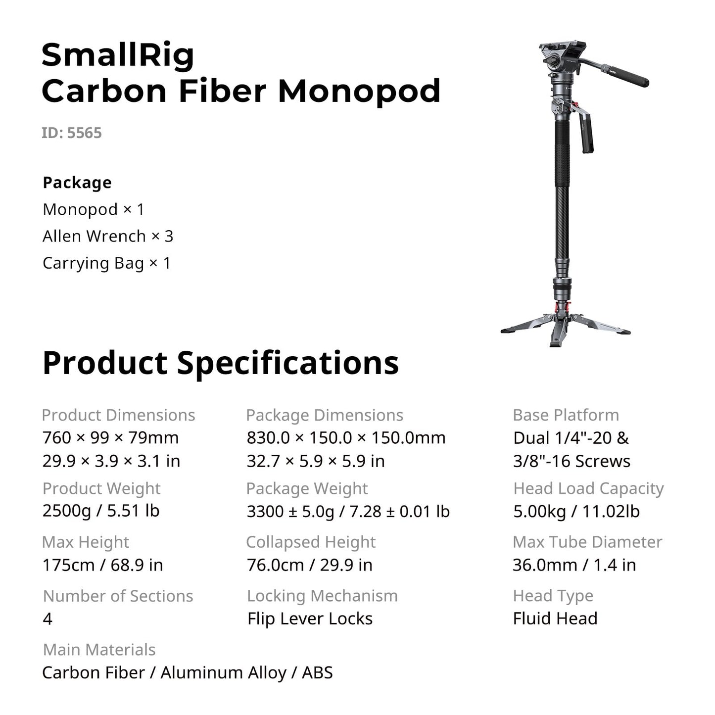 SmallRig 175cm / 68.9" Carbon Fiber Video Monopod for Camera, Compact Camera Monopod with One-Button Lift & Lock, Max. 5kg Playload Fluid Head Fits for DJI RS and for MFT 501L