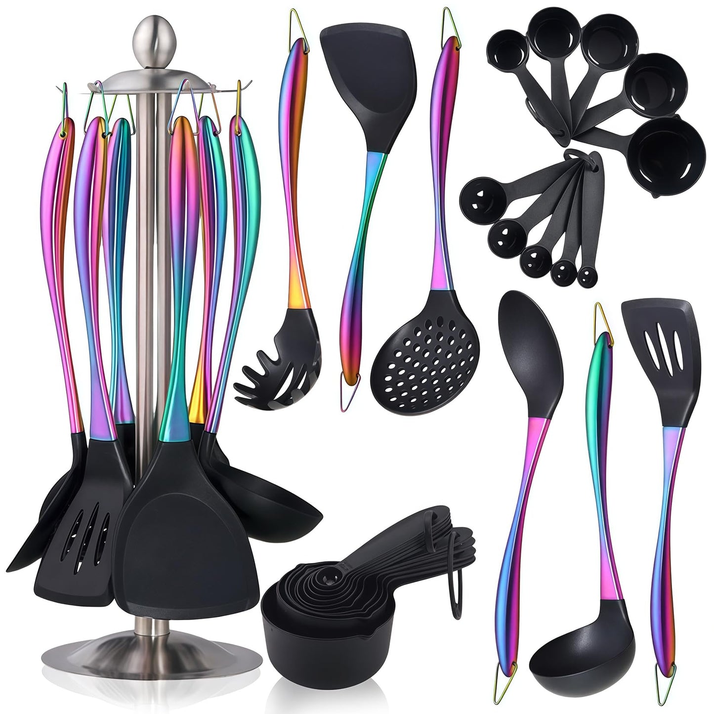 Silicone Cooking Utensils Set, 17pcs Kitchen Utensil Set with Rotatable Holder, Heat-Resistant Silicone Utensils for Cooking, Non-Stick Spatula Set with Stainless Steel Handle,Turner,Ladle (Rainbow)