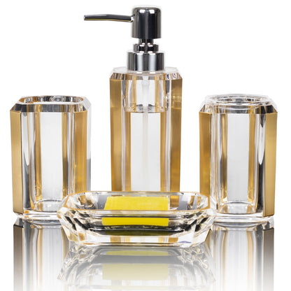 LGURT 4-Piece Gold Bathroom Accessories Set — Soap Dispenser, Soap Dish, Mouthwash Cup & Toothbrush Holder, Acrylic with Brushed Gold Accent, Luxury Bathroom Vanity Countertop Organizer for Home