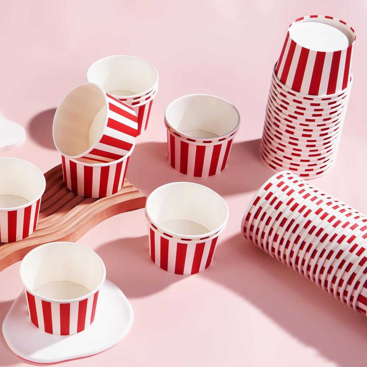 120Pcs 12 oz Summer Grencian Red Ice Cream Cups Disposable Red and White Stripes Paper Dessert Snack Bowls BBQ Yogurt