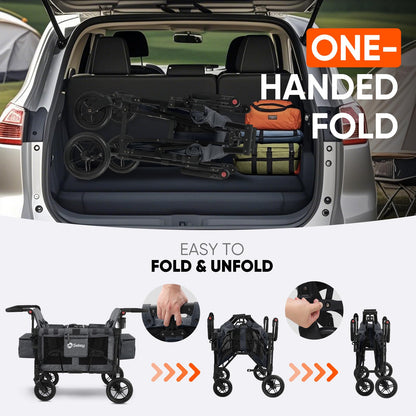 Sekey 4 Seater Stroller Wagon for Kids - Premium Quality with Convertible Seats, Adjustable Push Handles, Removable Canopy, Snack Tray & Cooler, US Certified.