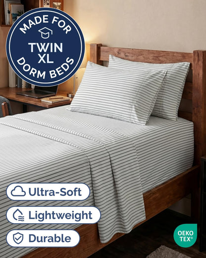 Skiennix Extra Deep Twin XL Sheet Set - 4-Piece Breathable Cooling Bedding - Soft, Wrinkle-Free Grey Stripes