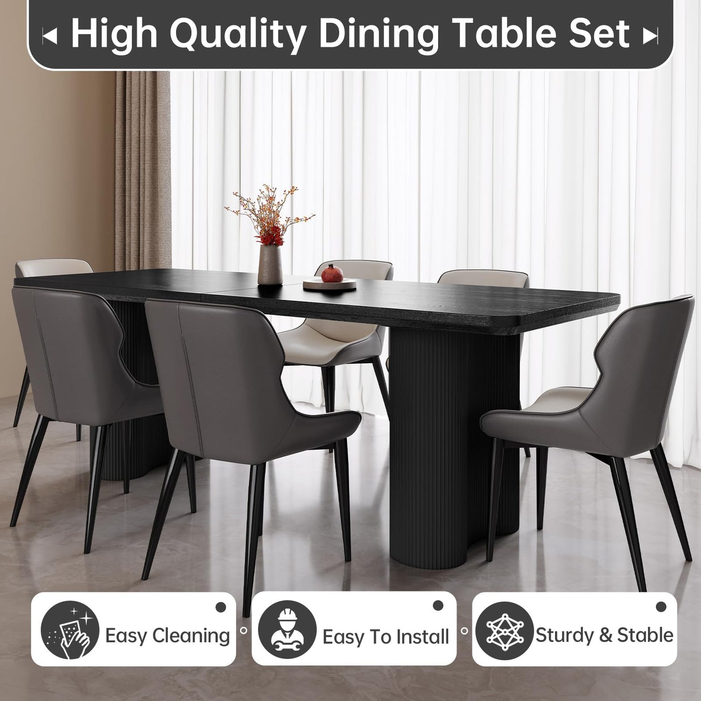 GraceNook 79" Rectangular Black Dining Table, Modern Kitchen Table with Sturdy Sleek Wave Support Legs for Living Room, Dining Room & Kitchen