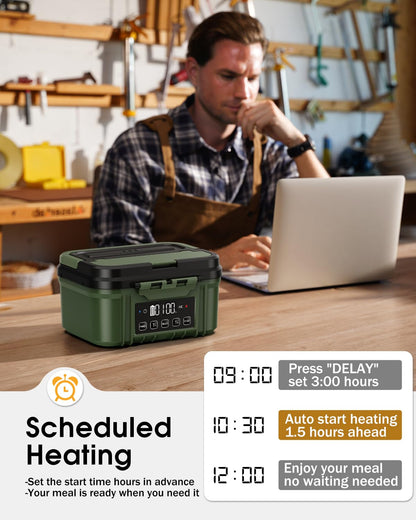 FERVINOW Cordless Electric Lunch Box for Adults – Battery-Powered Heated Lunch Box with 1.2L Stainless Steel Container, Timer Function, and Leak-Proof Food Warmer for Work, Travel & Office