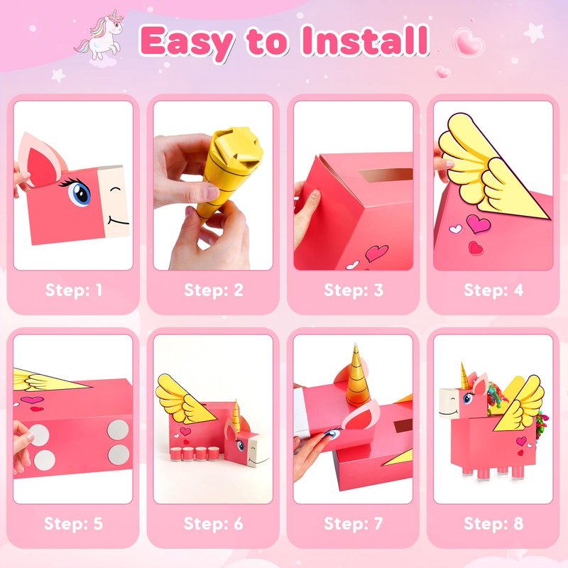 Bstoyder Unicorn Valentines Day Box and Cards for Kids School, Valentines Day Cards Gifts for Kids Classroom Exchange, School Party Favors (1 Unique Pink Box, 32 Valentine Cards, 1 Teacher Card)