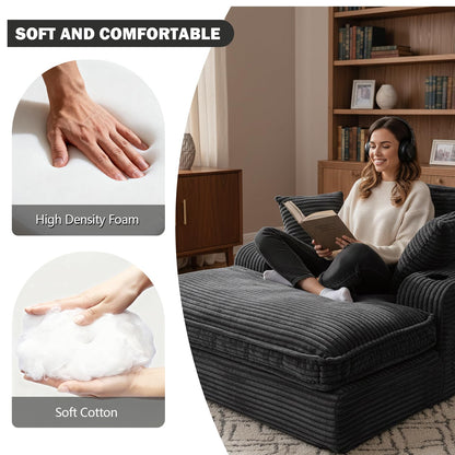 67" Oversized Chaise Lounge Chair Indoor, Soft Boneless Cloud Couch with 3 Pillows, 4 Side Pockets and 2 Cup Holders, Comfy Corduroy Sleeper Couch for Living Room Bedroom