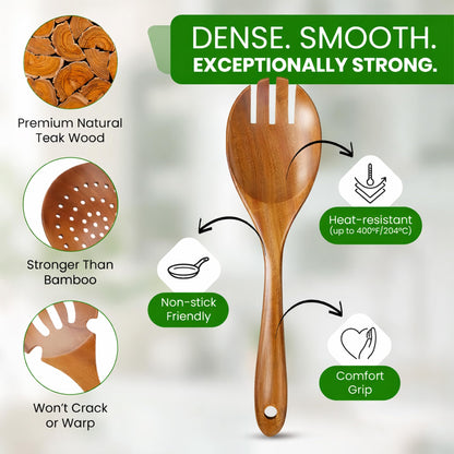 10 Piece Teak Wooden Spoons For Cooking, Wooden Kitchen Utensil Set, Organic Non Toxic Cooking Utensils, Large Serving Spoons