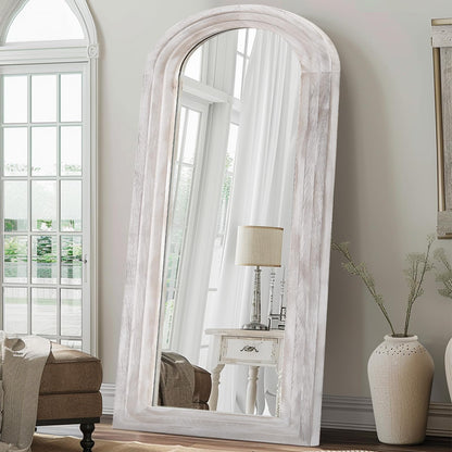 ZHUNFA Arched Full Length Mirror with Solid Wood Frame, 71x32 Farmhouse Wall Mirror Full Length with Stand, Vertical Hanging, Leaning Standing for Bedroom, Living Room, Rustic White