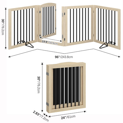 Vantas Folding Pet Gate 96" Wide, 30" Tall No-Assembly Wooden Dog Gate with Door Walk Through, Freestanding Puppy Safety Fence, with 2PCS Support - Natural White