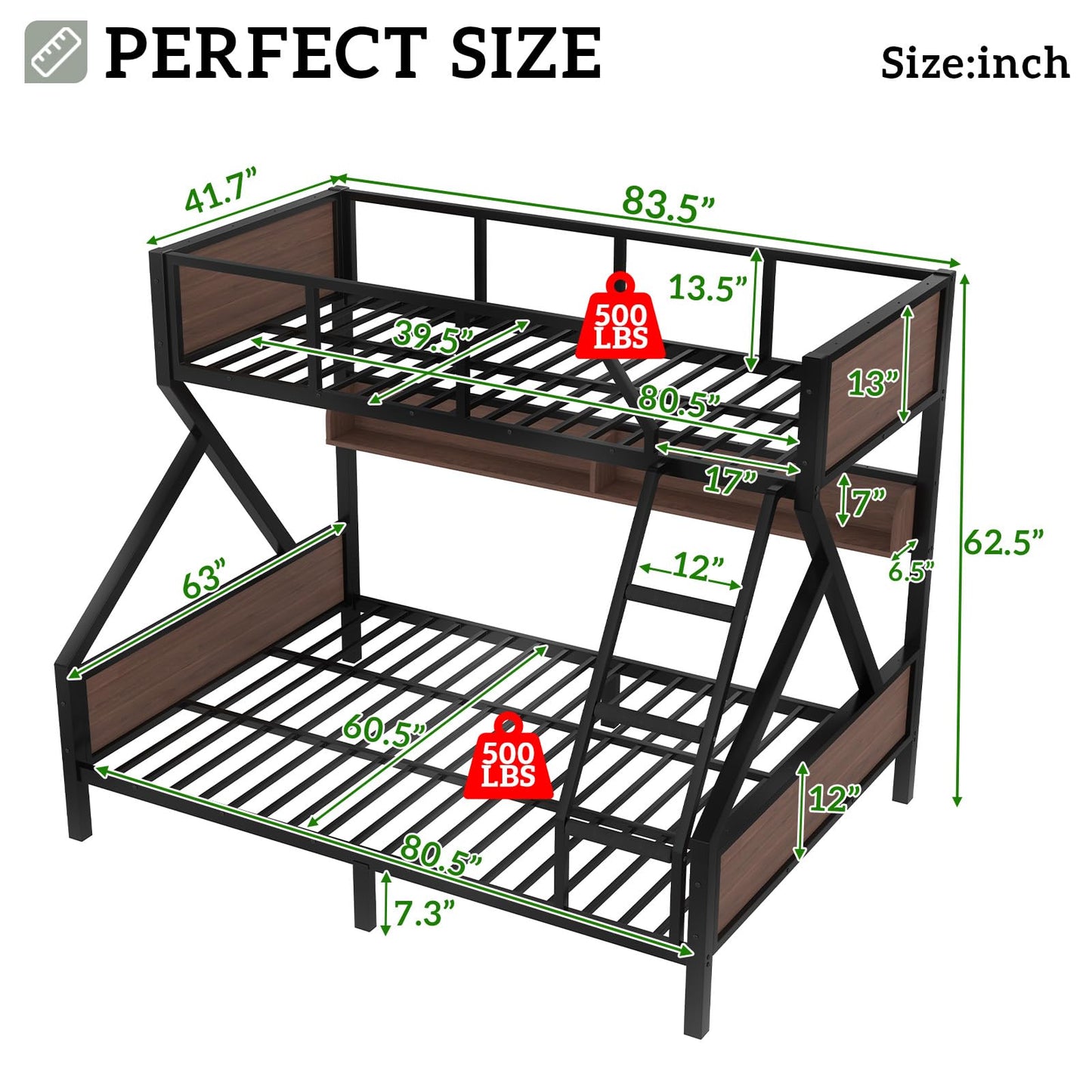 HKOLIE Twin XL Over Queen Bunk Bed with Storage Shelves & LED Lights, Heavy Duty Metal Bunk Bed Frame with Stairs, Noise-Free Design, Space-Saving Bed with Guardrails for Kids, Teens & Adults, Black
