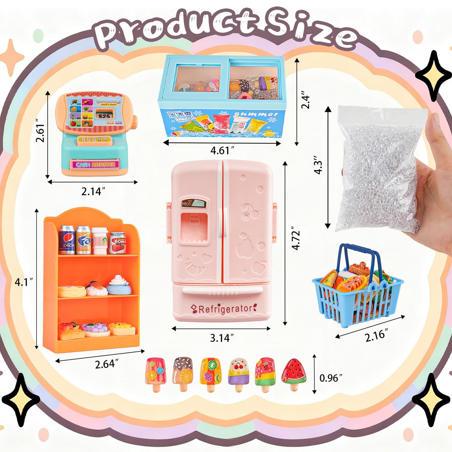 Miniature Food Play Set for Kids - Includes Refrigerator Freezer Ice Cream Drinks & Display Shelves Realistic Toy for Imaginative Play, for Toddlers