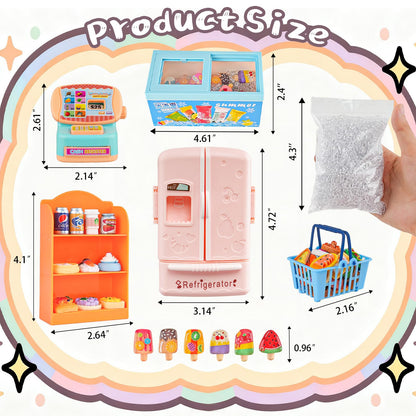 Miniature Food Play Set for Kids - Includes Refrigerator Freezer Ice Cream Drinks & Display Shelves Realistic Toy for Imaginative Play, for Toddlers