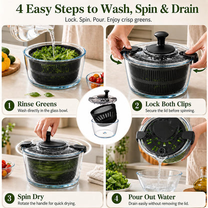 LYTYCJD Large 5.2 Qt Glass Salad Spinner Vegetable Dryer with Drain Microwave Safe Dishwasher Safe with Transparent Lid Crank Handle Quick Spin Greens Washer for Lettuce Herbs Fruits (black)