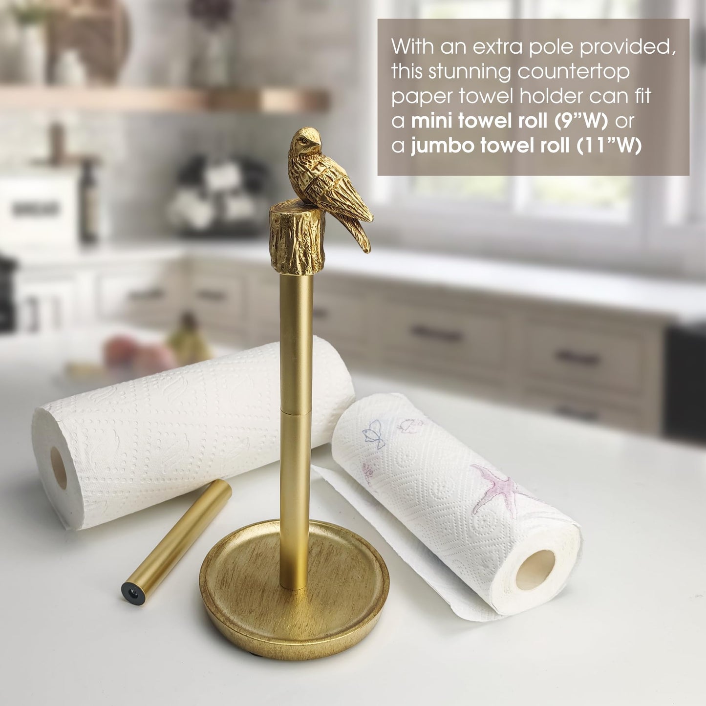 JKONCETTO Paper Towel Holder Countertop, Gold Paper Towel Stand with Bird Design Top
