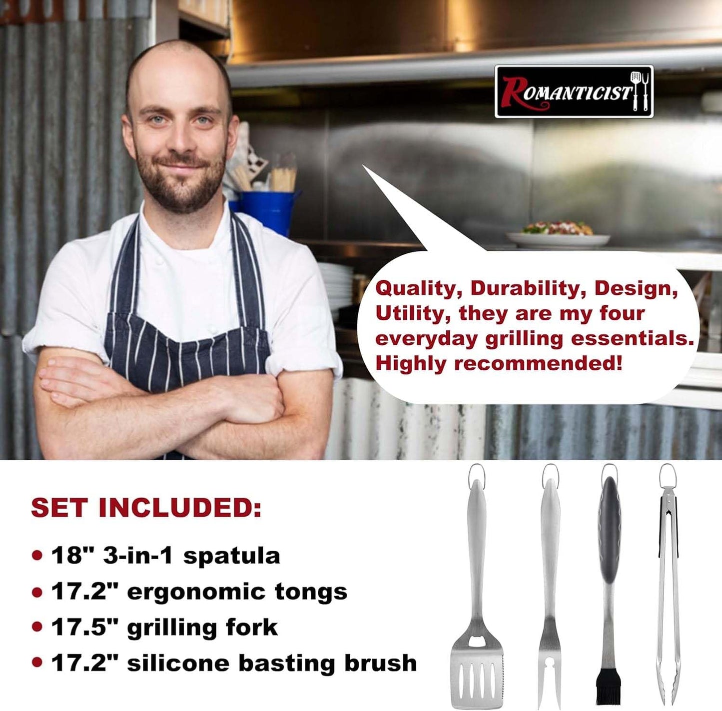 ROMANTICIST 4pcs Heavy Duty Grill Accessories for Top Chef - Professional Grill Tool Set & Basic BBQ Tools for Backyard Restaurant Outdoor Kitchen - Deluxe Grill Gift for Dad on Father’s Day Christmas
