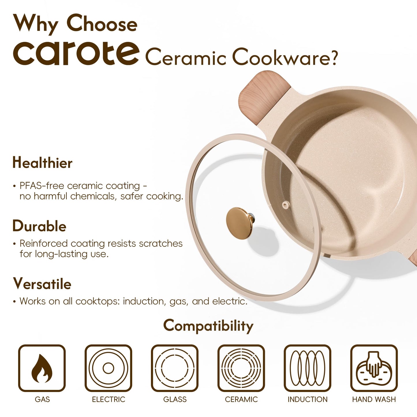 CAROTE 5 Qt Nonstick Stock Pot with Lid Soup Pot, Ceramic 5 Quart Casserole with Lid, Easy to Clean Non Stick Cooking Pot Cookware PFOA Free, Ceramic Oatmeal