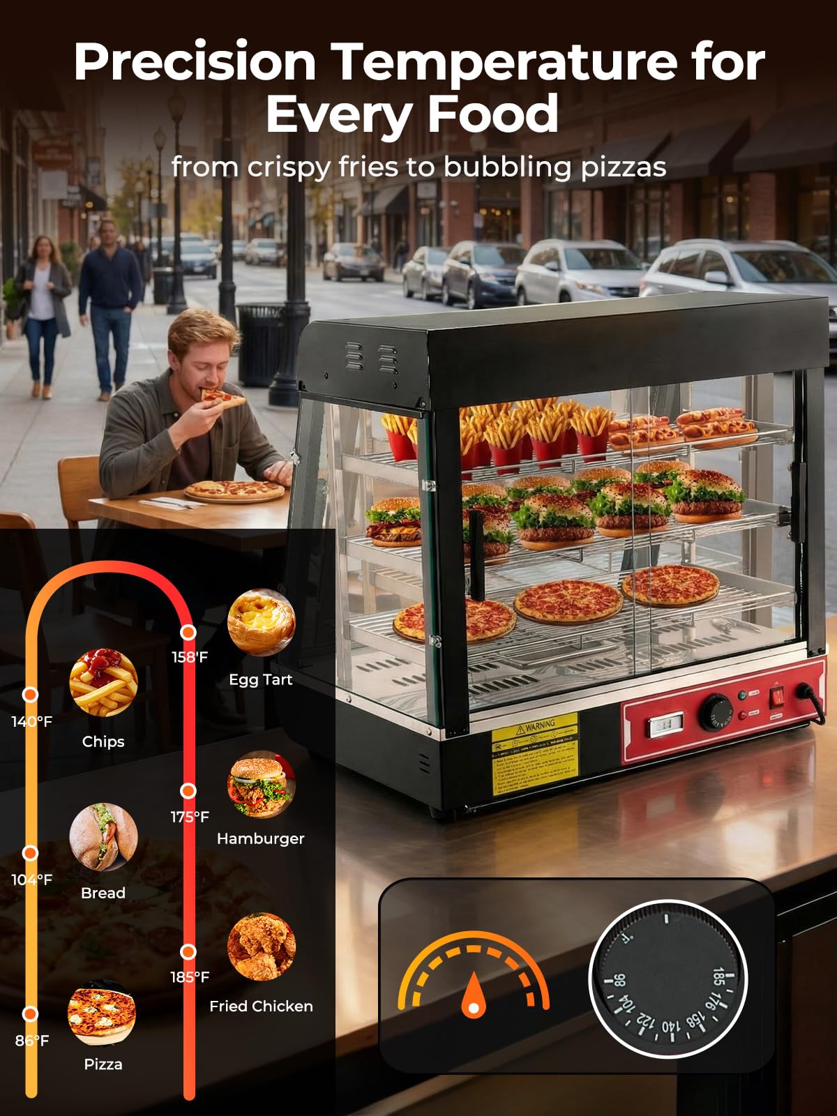 Commercial Food Warmer 26", 3-Tier Heated Display Case with Water Tray, 1200W Pizza Pastry Warmer, Adjustable Thermostat 86-185°F, LED Lighting, Removable Shelves for Buffet, Bakery, Catering