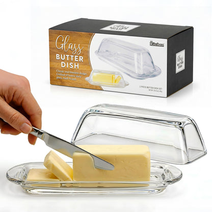 Kangaroo Decorative Clear Glass Butter Dish with Lid for Countertop & Refrigerator - Crystal Covered Butter Tray Storage Container Holder for Counter & Fridge - Best Thanksgiving Butter Dish with Lid