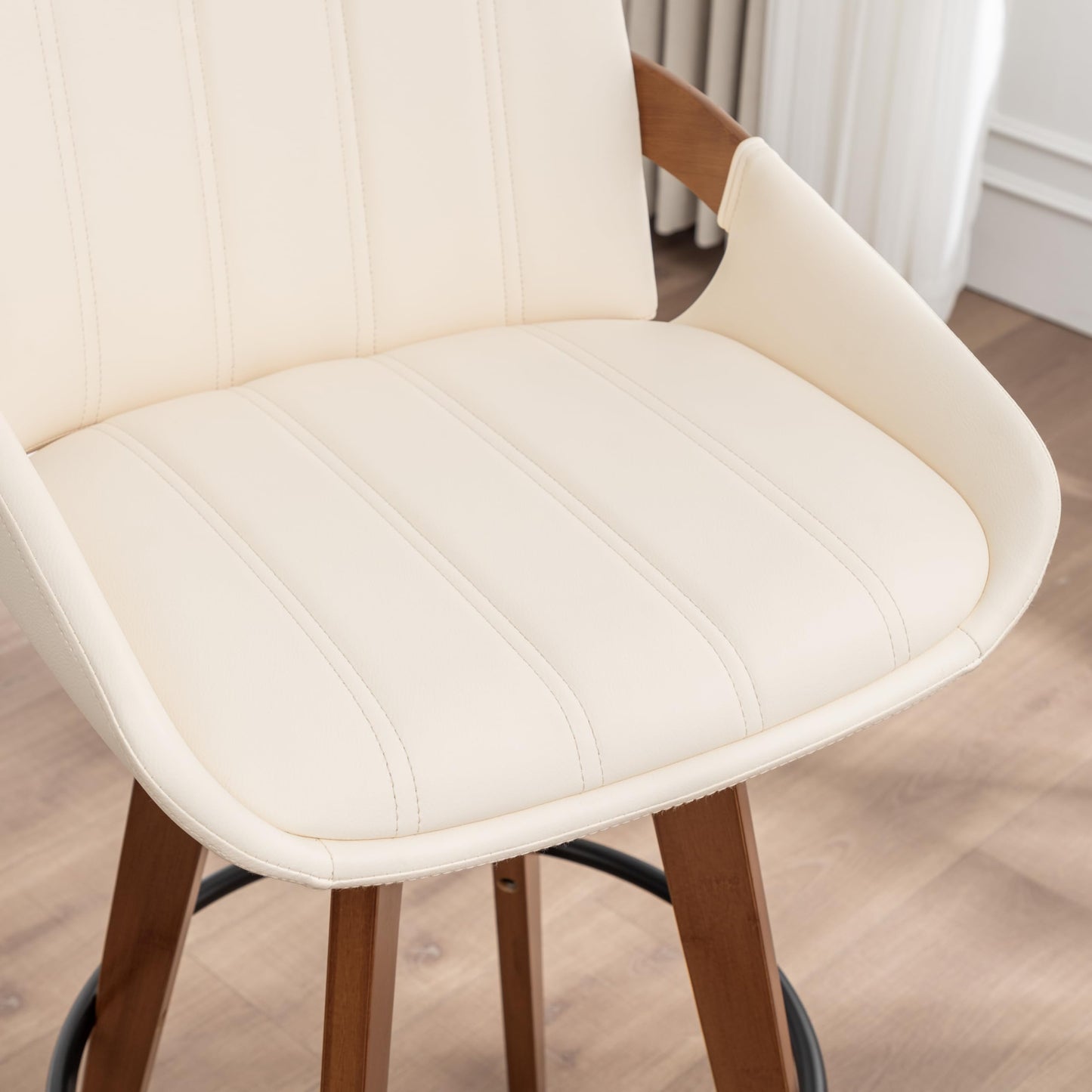 AQG Counter Stools Set of 2, 26.3 Inch Mid Century Modern Counter Height Bar Chairs, Swivel Barstools with Walnut Craft, Faux Leather Upholstered Furniture for Island/Counter (Beige, 26.3"-2 PCS)