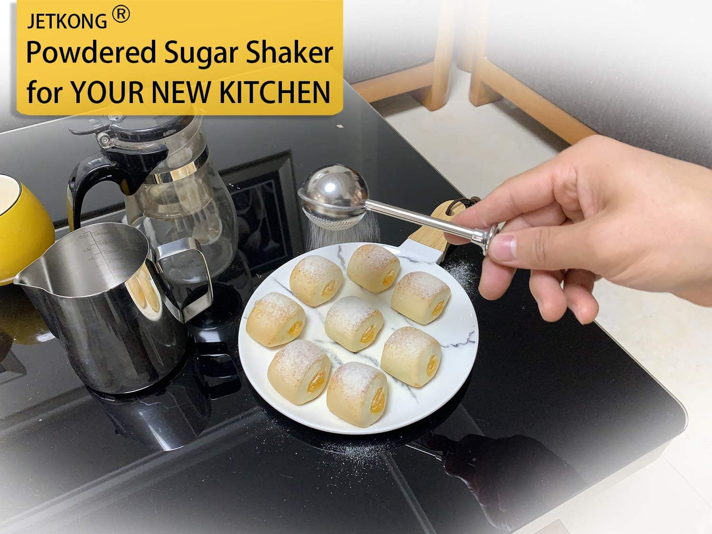 18/8 JETKONG Powdered Sugar Shaker Duster Flour Dispenser Shaker with Stainless Steel Spring-operated Handle for Sugar